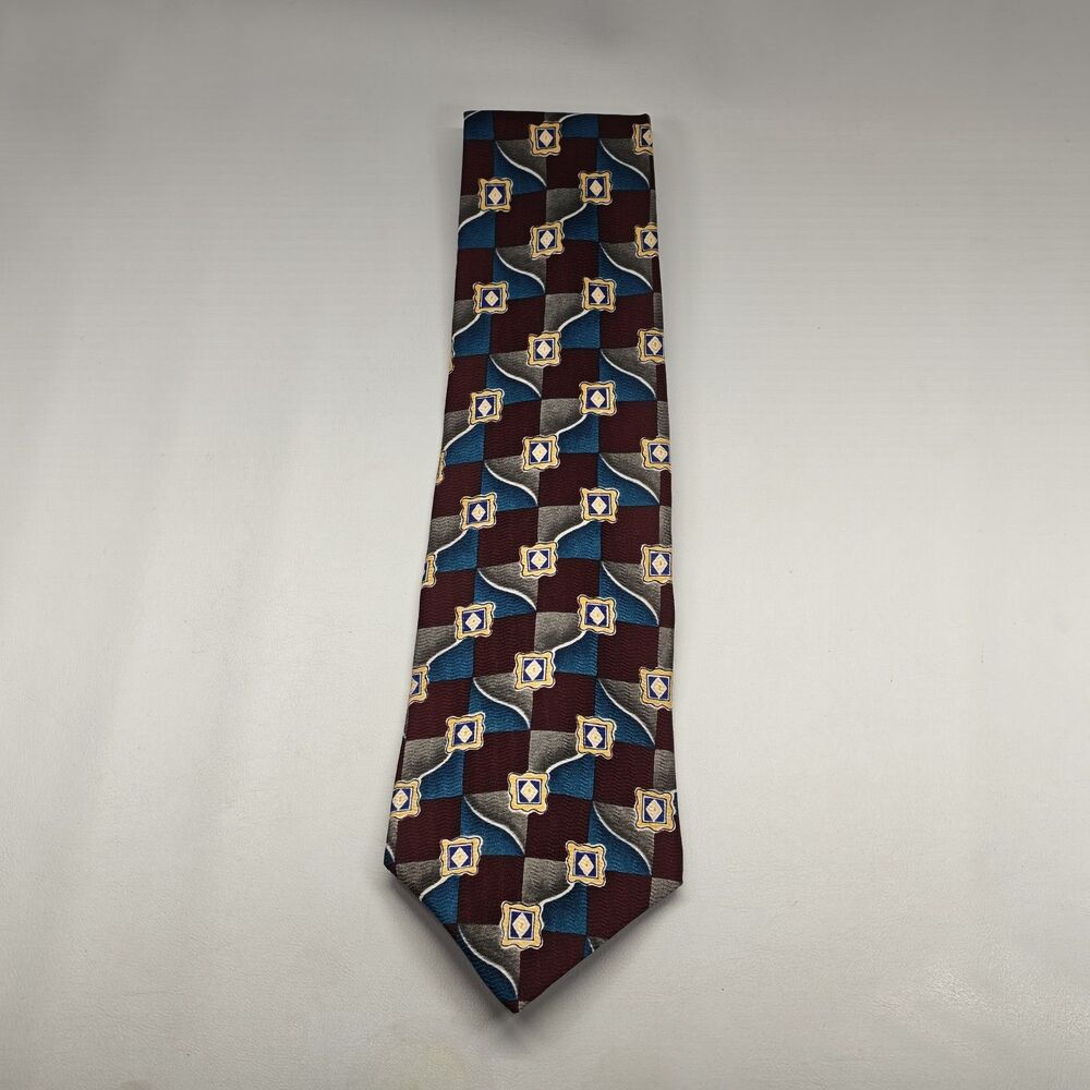 Vintage Christian Dior Cravate 100% Silk Tie Burgundy Teal Geometric Made in USA